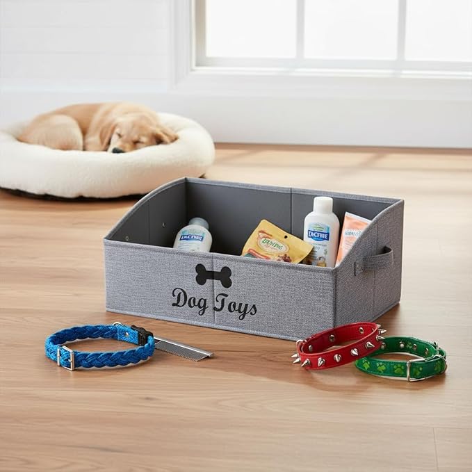 Morezi Linen-cotton blend dog toy basket and dog toy box, dog toy basket storage - Perfect for organizing pet toys, blankets, leashes, chew toys - Snow Grey - Dog - Image 5