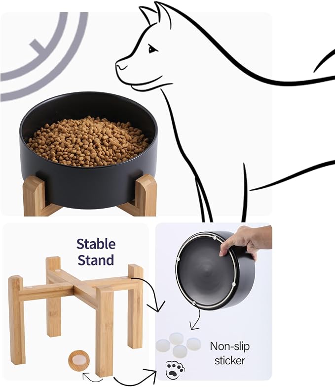 Black Raised/Elevated Ceramic Dog Bowl for Medium Large Sized Breeds,Large Dog Food Water Bowl with Stand,8 in Non Slip Heavy Weighted 1800ml/ 7.6 Cups/60 OZ - Image 3