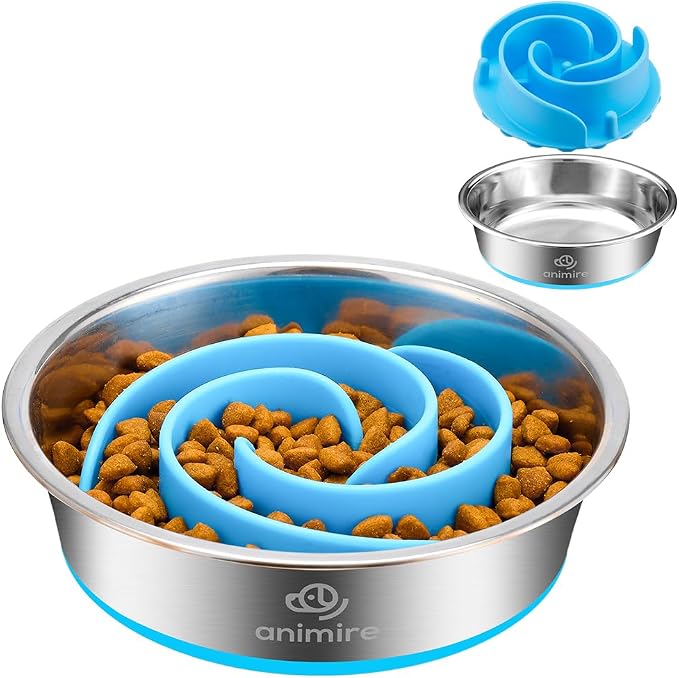 2-in-1 Metal Dog Bowl with Slow Feeder Insert, Stainless Steel Dog Bowls Food Grade 304, Water Food Bowl with Anti-Slip Silicone Base for Small, Medium, Large Dogs by Animire