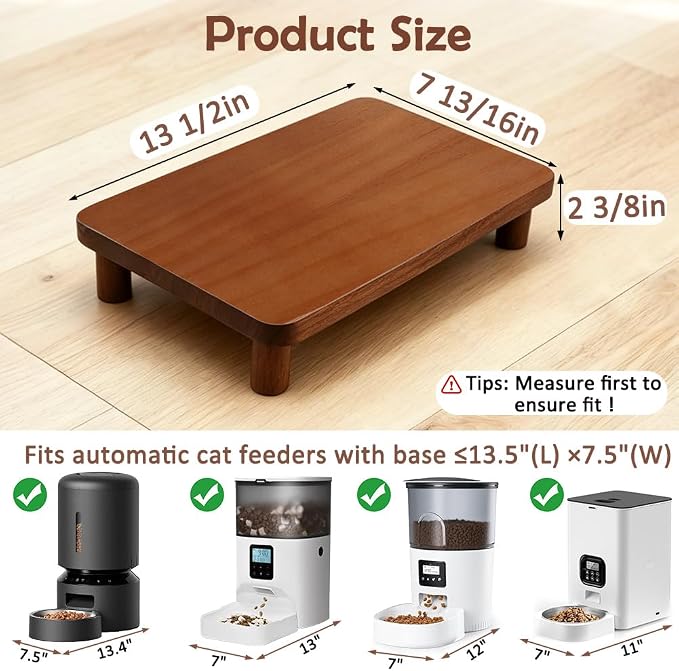 SZEE Cat Food Stand, Elevated Cat Feeder Stand for Automatic Feeder & Bowls | Lifted Cat Food Table Station, Raises Feeder/Bowl by 2 3/8", Relieves Spine and Joints Noticeably on Pets - Solid Walnut Wood - Image 4