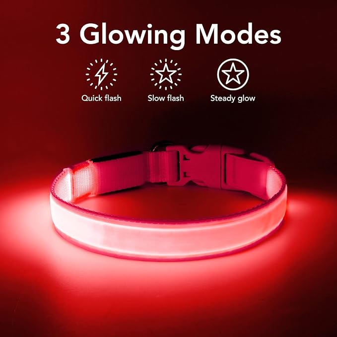 LED Dog Collar Light Up Dog Collars Red Light USB Rechargeable, Adjustable Size Heavy Duty TPU Nylon Webbing Glow Safety Basic Dog Collars for Large Medium Dogs (M,Candy Pink) - Image 3