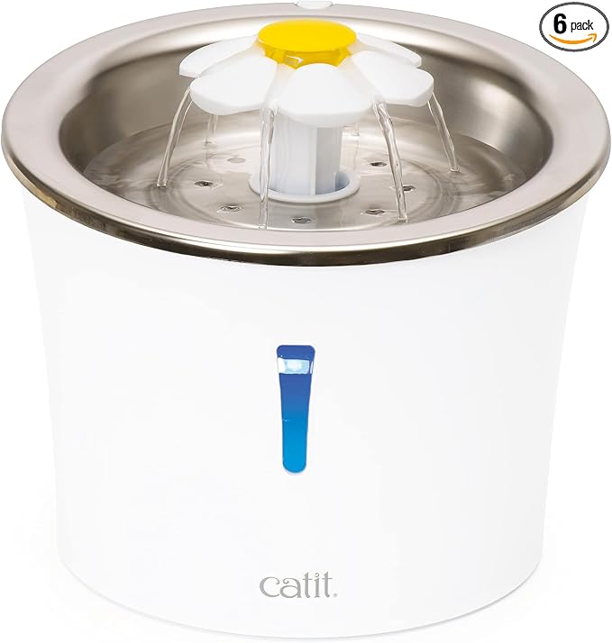 Catit Stainless Steel Flower Fountain with Triple Action Filter, Cat Drinking Water Fountain, 3 L (Pack of 6) by Catit