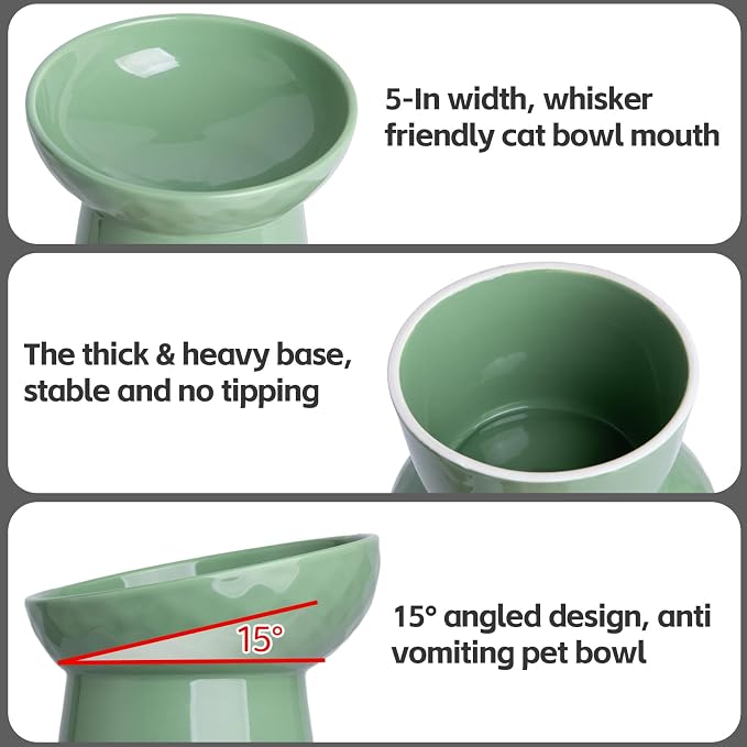 YauYik Raised Cat Bowl, Elevated Cat Food Bowls with Tilted Angle, Stress Free, Anti Vomiting, Ceramic Water Bowl for Cats Small Dogs Feeding Dish, 8 Ounces (Green-1) - Image 4