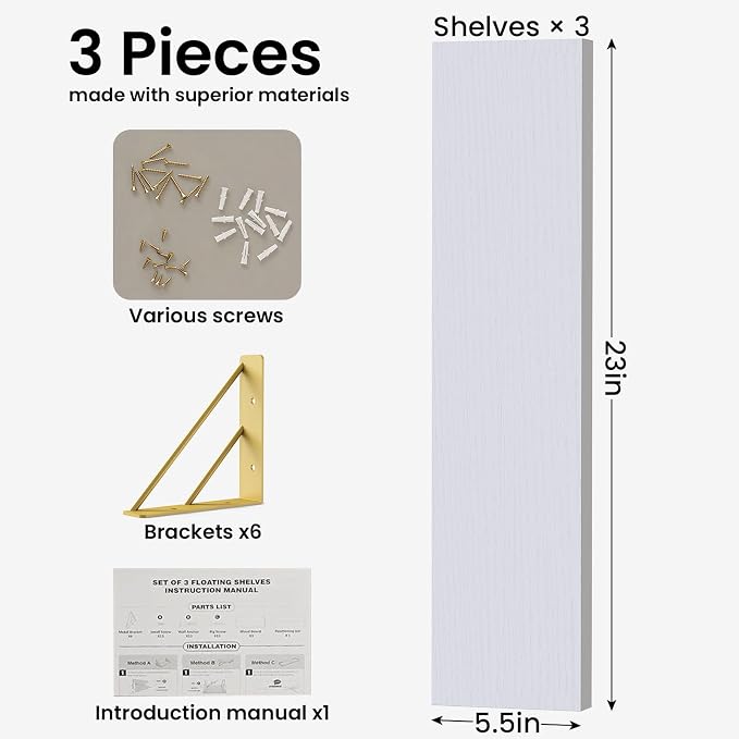 BAYKA Wall Shelves for Bedroom Decor, Floating Shelves for Living Room Kitchen Storage, Wall Mounted Rustic Wood Shelves for Kids Books,Corner Shelves for Bathroom(White and Gold，23in，Set of 3) - Image 2