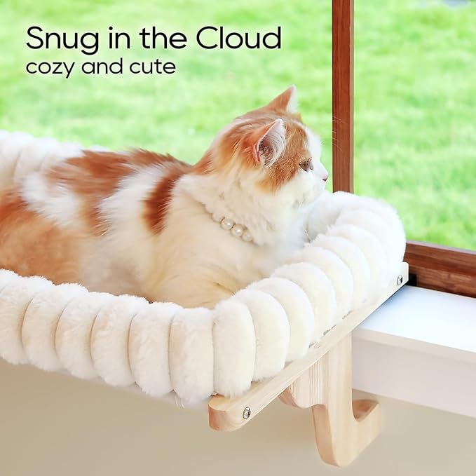 Zakkart SnugCloud Cat Window Perch with 4-Sided Bolster - Orthopedic Cat Hammock for Window Sill - Solid Hardwood & Metal Frame - Window Seat for Pets (Natural Color Wood w/White Bed, Medium) - Image 2