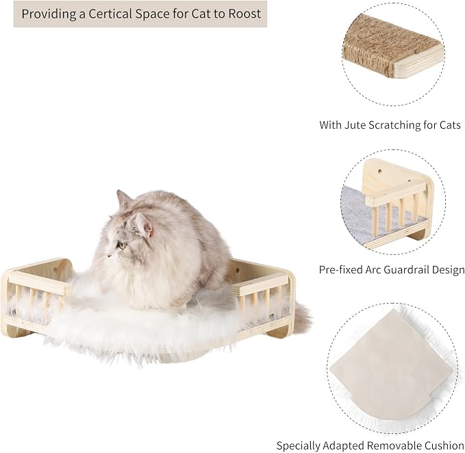 Cat Wall Shelves with 3 Steps Scratch Post, Climbing Shelf and Hammock for Indoor Cats (Wood) - Image 5
