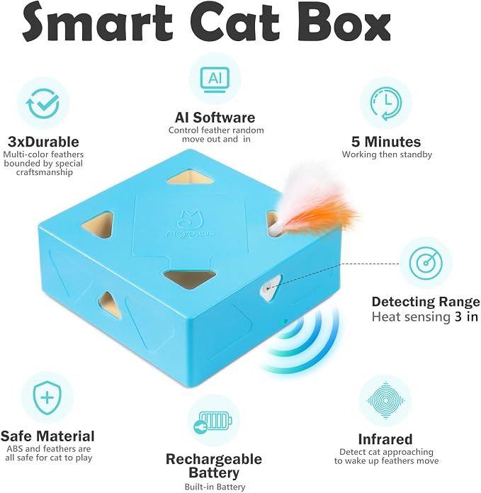 Migipaws Interactive Cat Toy -Migibox Without Popskin, Puzzle Toy for Indoor Bored Cats, Automatic Pop Out Feathers from 7 Holes Randomly, Motion Activated, USB Rechargeable(Blue) - Image 3