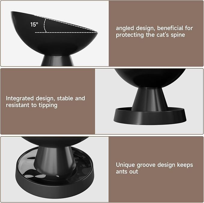 Raised Cat Food Bowl, Ceramic 15° Tilted Cat Bowl(Black) | Ant-Proof Design, for Whisker & Neck Fatigue, Protect Pet's Spine, Titled Anti-Vomiting Cat Dish, All Life Stage - Image 3