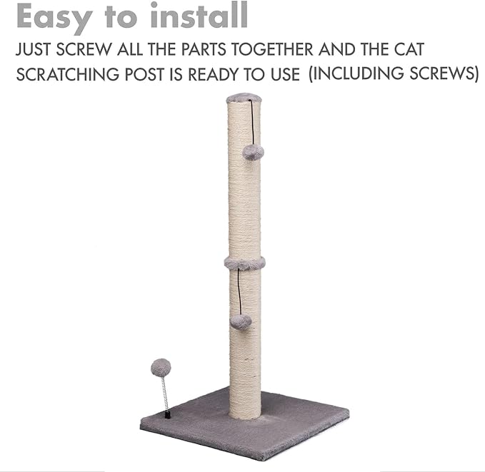 MECOOL 34“ Tall Cat Scratching Post Premium Basics Kitten Scratcher Sisal Scratch Posts Trees with Hanging Ball for Indoor Cats, Gray - Image 7