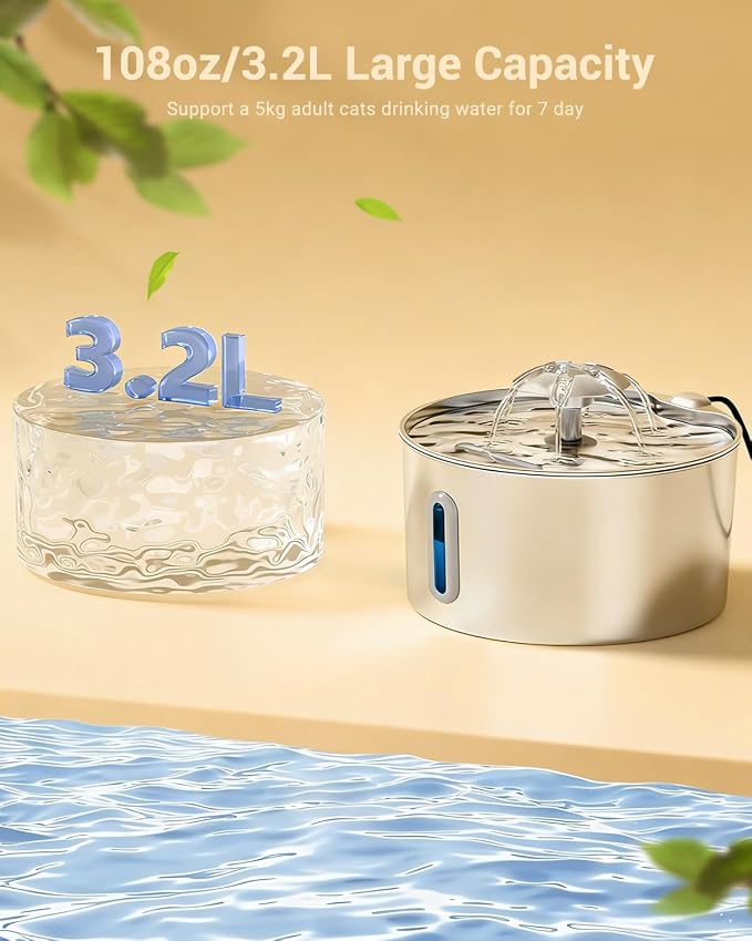 Stainless Steel Cat Water Fountain - 108oz/3.2l Metal Pet Water Bowl Dispenser with Quiet Pump - Automatic Water Fountains for Dog/Cats Drinking - Pets Waterer Indoor with Replacement Filters - Image 2