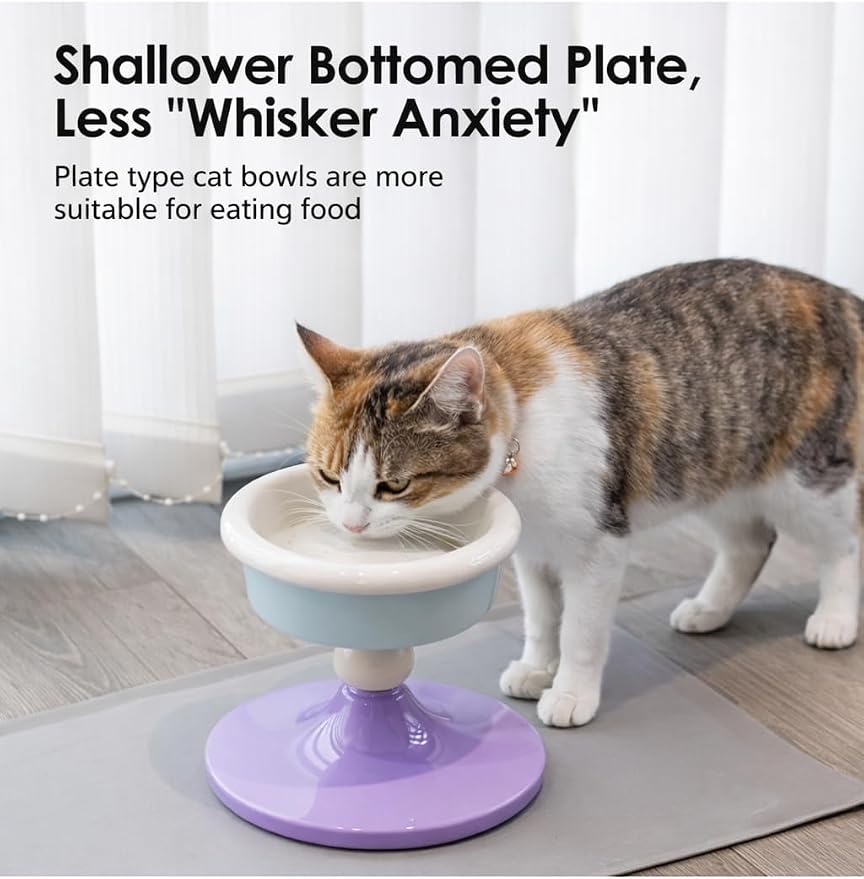 Elevated Ceramic Cat Bowl, Tilted Raised Cat Food Bowl for Indoor Cats, Whisker Friendly Anti Vomiting Cat Feeding Bowl with Non-Slip Stand, Lavender Mint - Image 5
