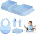 Blue Silicone Foldable Feeding Set, Travel Baby Feeding Supplies Including Toddler Plates, Silicone Baby Spoon&Fork, Adjustable Foldable Bib, Portable Infant Toddler Utensils by Cathill