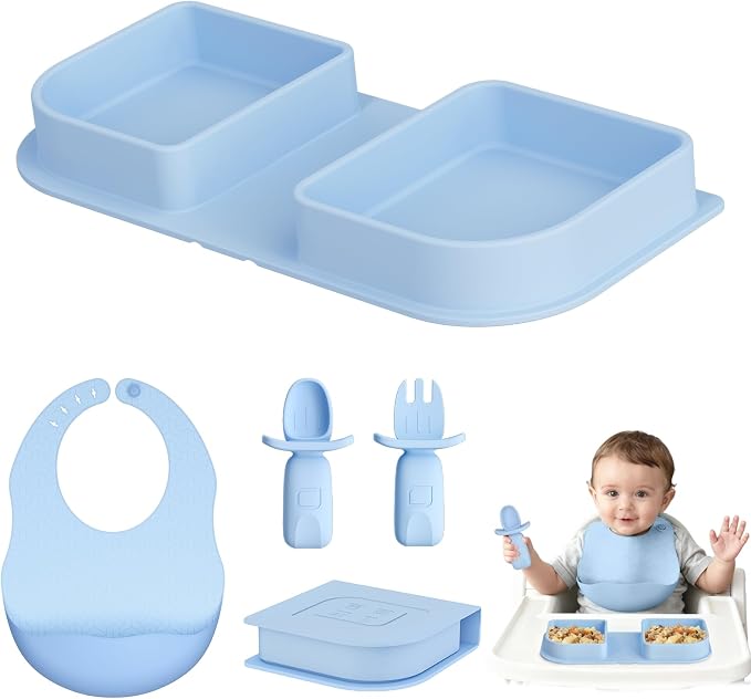 Blue Silicone Foldable Feeding Set, Travel Baby Feeding Supplies Including Toddler Plates, Silicone Baby Spoon&Fork, Adjustable Foldable Bib, Portable Infant Toddler Utensils by Cathill