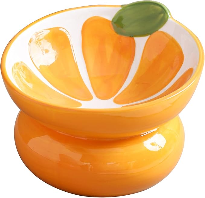 Cute Ceramic Raised Cat Food Bowl, Orange Shaped Cat Dish | Elevated Design, Fruit Themed, Anti Vomiting, Tilted Feeding, Indoor Cats by Yeexoxow