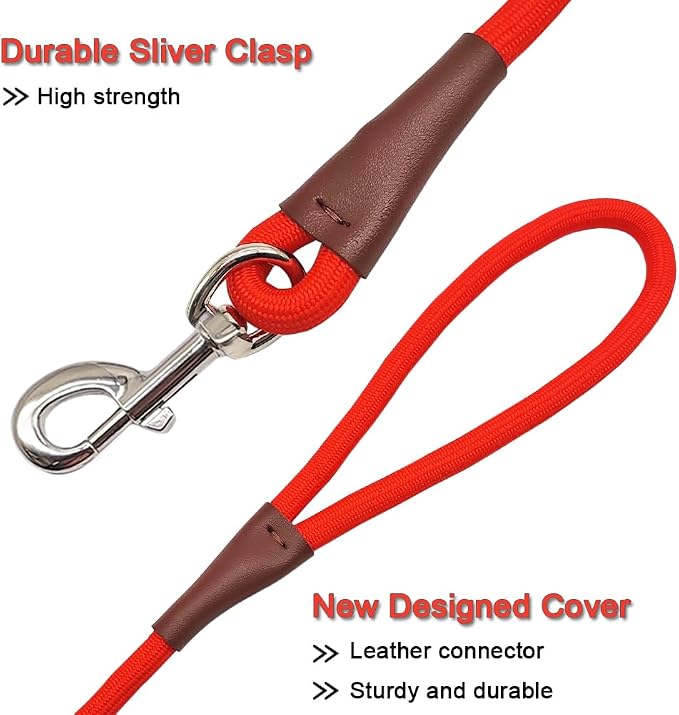 MayPaw 4/6 /8/10 FT Dog Leash, Classic Solid Colors, Strong Nylon Rope Dog Leash Reinforced with Leather Tailor Connection Heavy Duty Silver Clasp (red, 10ft*1/2") - Image 3