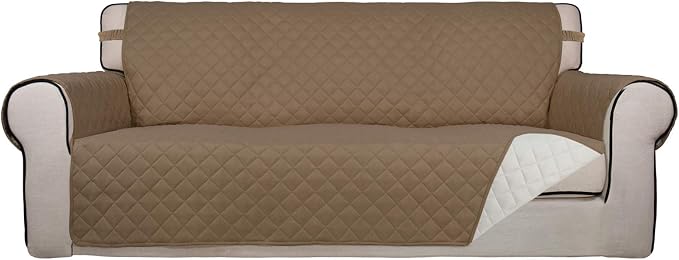 PureFit Reversible Quilted Sofa Cover, Water Resistant Slipcover Furniture Protector, Washable Couch Cover with Non Slip Foam and Elastic Straps for Kids, Dogs, Pets (X Large , Camel/Ivory) | Camel/Ivory, Water Resistant Couch Protector, Washable Pet C... by PureFit