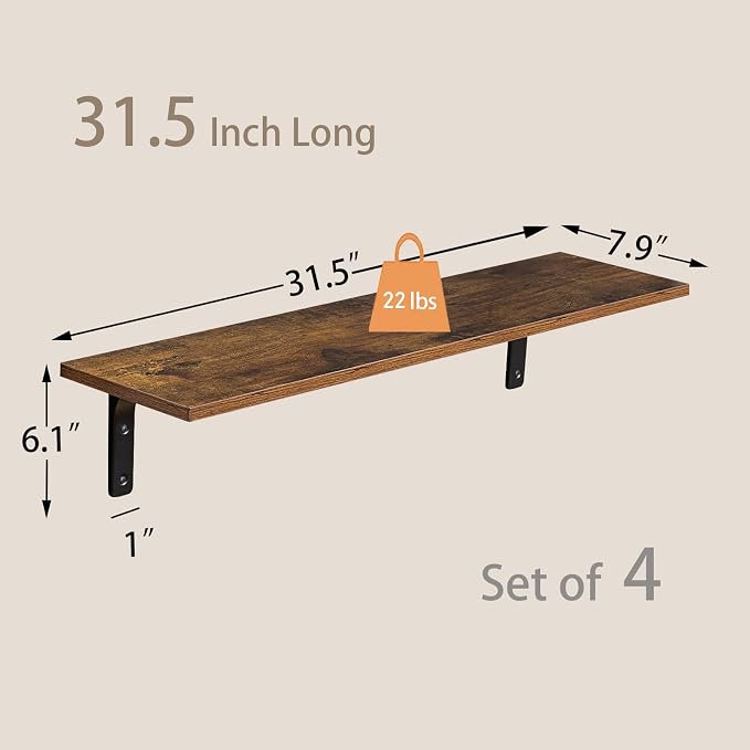 Long Wall Shelves, 31.5Inch Wooden Wall Mounted Shelves, Set of 4 | Large Floating Book Shelf, Metal Brackets, Easy Assembly, Max Load 22lbs, Wall Storage Ledges, Bedroom/Bathroom, Rustic Brown - Image 3