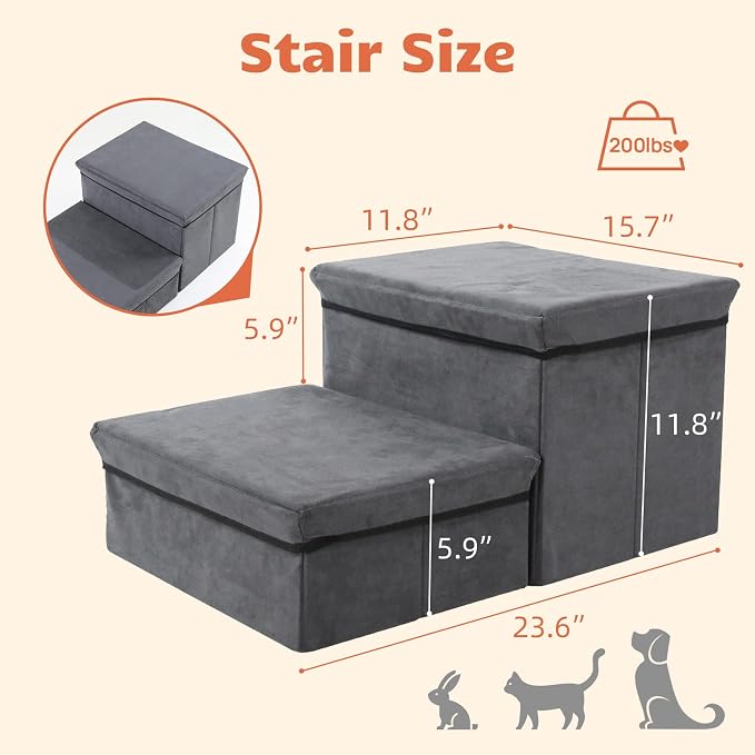 Foldable Dog Stairs with Storage | 2-Step Non-Slip Pet Steps for High Beds and Couch, Hidden Storage Dog Ladder for Small & Medium Dogs, Cats, Grey - Image 2