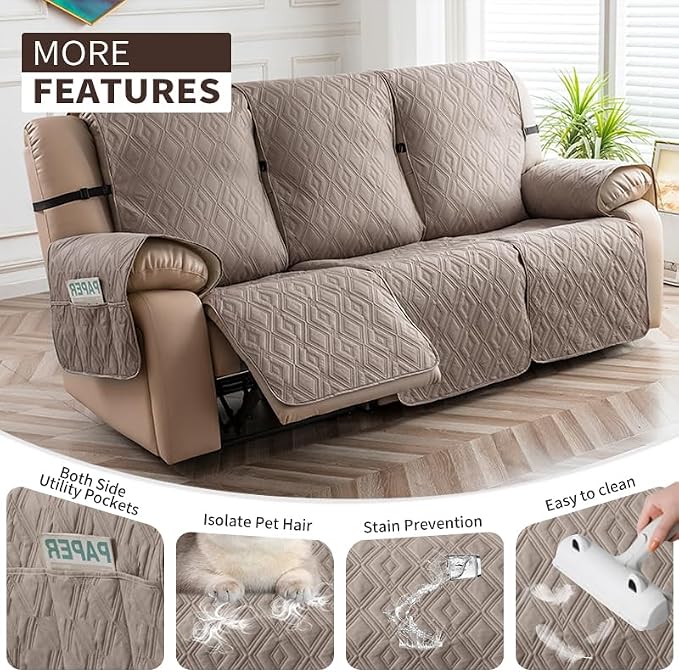 Genina Waterproof Couch Cover for Reclining Couch 3 Seater Non-Slip, Washable Recliner Sofa Covers for 3 Cushion Couch, Furniture Covers Couch Protector for Dogs Pets Kids (Taupe, Recliner Sofa) - Image 3