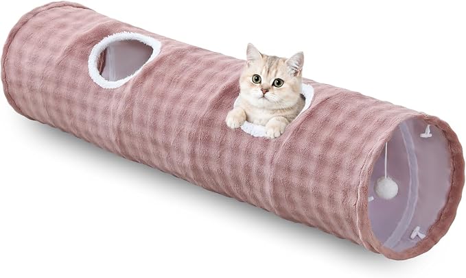 Straight Bubble Cat Tunnel for Indoor Cats 47"x12", Dusty Pink | Cute Cat Toys, Collapsible Tunnel Tube with Hanging Balls for Puppy Kitten Rabbit by Yaning
