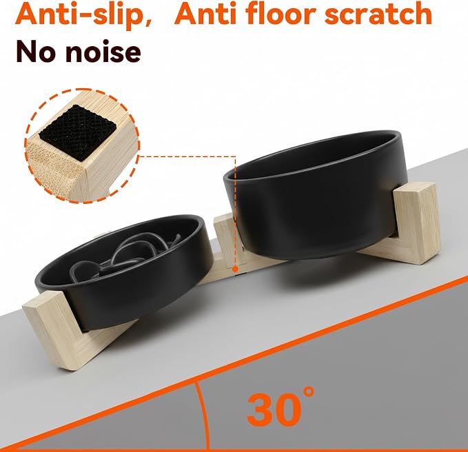 Ceramic Slow Feeder Dog Bowl Set-0.8 Cup Puzzle Dog Food Bowl（≈180g Food） for Fast Eater & 850ML Dog Water Bowl with Wooden Stand for Small Dogs and Cats,Anti-Slip,Black - Image 6
