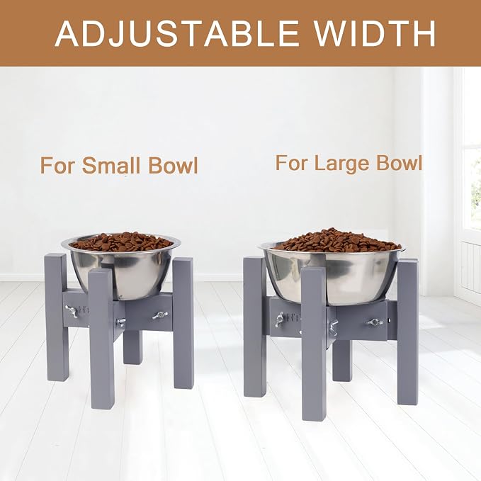 Elevated Dog Bowl Stand Adjustable Dog Food Holder 7”H Small Grey | 7” Elevated Dog Bowl Stand, Small Dogs, Adjustable, Fits 6”-8” Bowls, Single Bowl Holder, Natural Bamboo, Classic Grey - Image 2