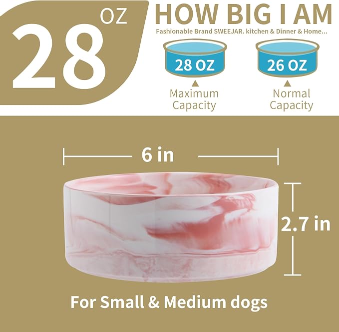 Raised/Elevated Ceramic Dog Bowl for Small Medium Sized Breeds,Dog Food Water Bowl with Stand,6 in Non Slip Heavy Pet Feeding Dish 3.6 Cups/ 850 ml /28 OZ Marble Pink - Image 2