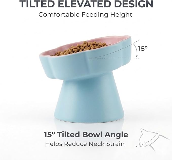 Elevated Ceramic Slow Feeder Cat Bowl, 15° Tilted Feeding Dish Helps Reduce Fast Eating and Vomiting, Whisker-Friendly Heavy Smooth Matte Ceramic, Dishwasher Safe (Blue/Pink) - Image 3