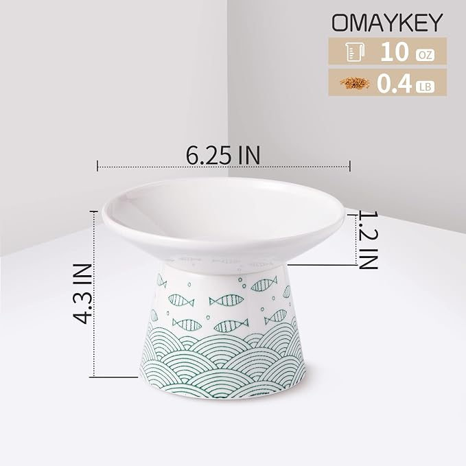 6.25 Inch Extra Wide Ceramic Raised Cat Bowls, 2 Packs | Shallow, Elevated Pet Bowl Dish Set, for Food & Water, Whisker Fatigue, Stress Free, Protect Spine, Black & Green Fish - Image 3