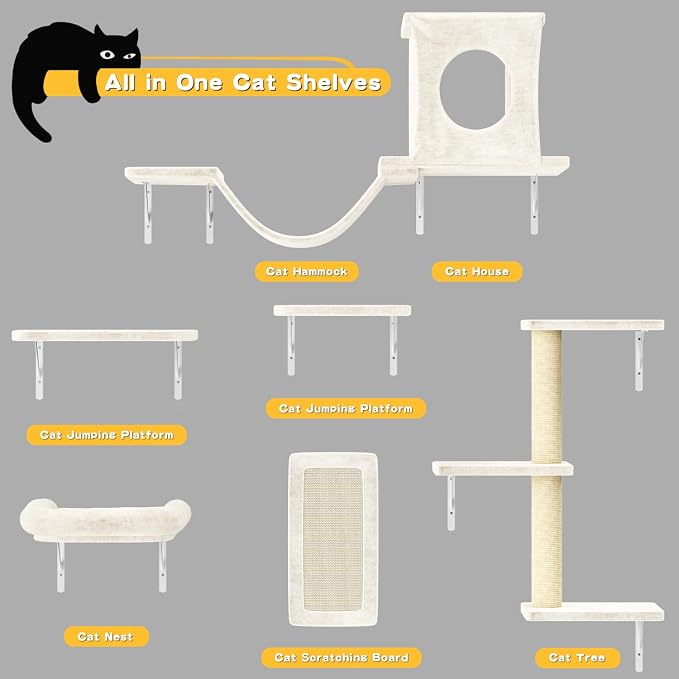 12-in-1 Cat Wall Shelves, Luxury Wall-Mounted Cat Climber Set | with Condos House, Scratching Post, Bridge Ladder, Indoor Space-Saving Furniture for Kittens, Beige - Image 2