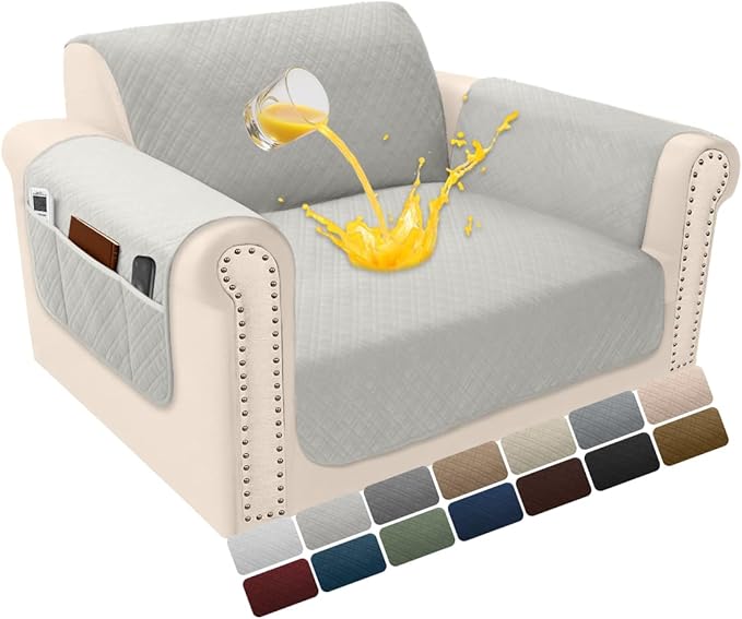 Velvet 100% Waterproof Chair Covers for Living Room Sofa Armchair Cover Washable Couch Arm Chair Slipcovers for Dogs Non Slip Quilted Furniture Protector with Pockets (Small, Light Grey) by YUEVELLASofaCover