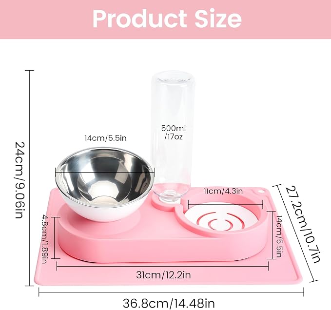 Double Elevated Dog Cat Food Water Bowls, Stainless Steel Cat Food Water Bowl with No-Spill Mat, Raised Tilted Dishes for Indoor Kitten, Puppies, Small or Medium Size Dogs Cats, Pink - Image 2