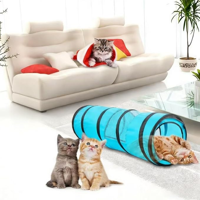 PAWISE Cat Tunnel for Indoor Cats, Collapsible Pet Tube with Peek Hole | Peek hole, tear-proof polyester, 10.5x34.5in, for cats rabbits, blue - Image 6