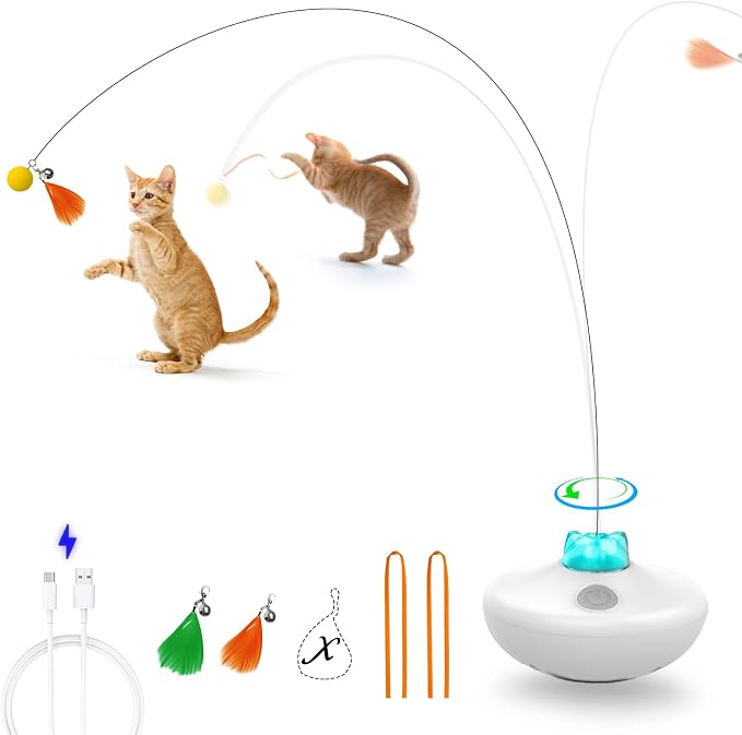 Oxawo Interactive Cat Toys Indoor Cats Toy Automatic Moving Feather Wand | Flying Feather Wobble Base Rechargeable Cat Toy, Extra Long Feather Wand Spin Cat Game & DIY Tails On by Petsuppliespettoys