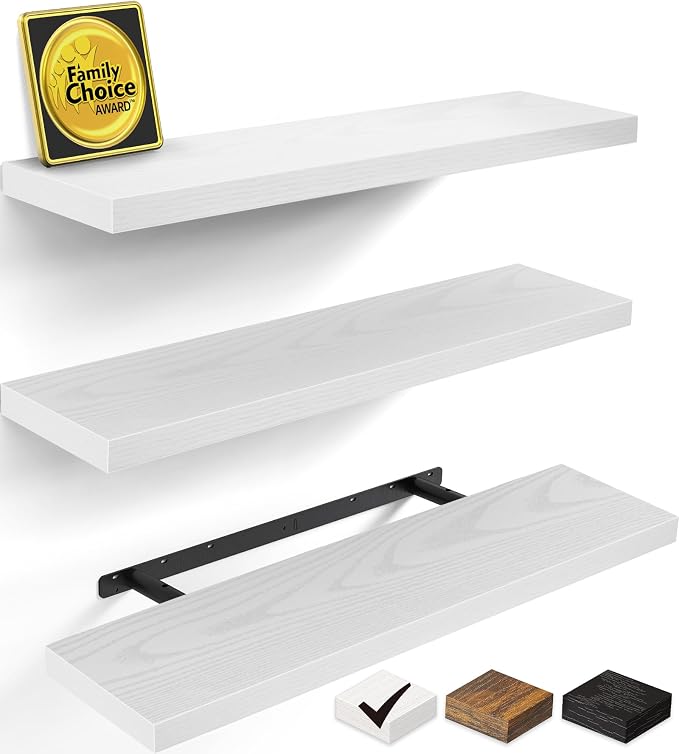 BAYKA White Floating Shelves 35.4in, Set of 3, Wall Mounted for Wall Decor | Easy Install, 22lbs Max Load, Hidden Bracket, Hanging Shelf for Living Room Bathroom Bedroom Kitchen Display Storage Decor by Bayka