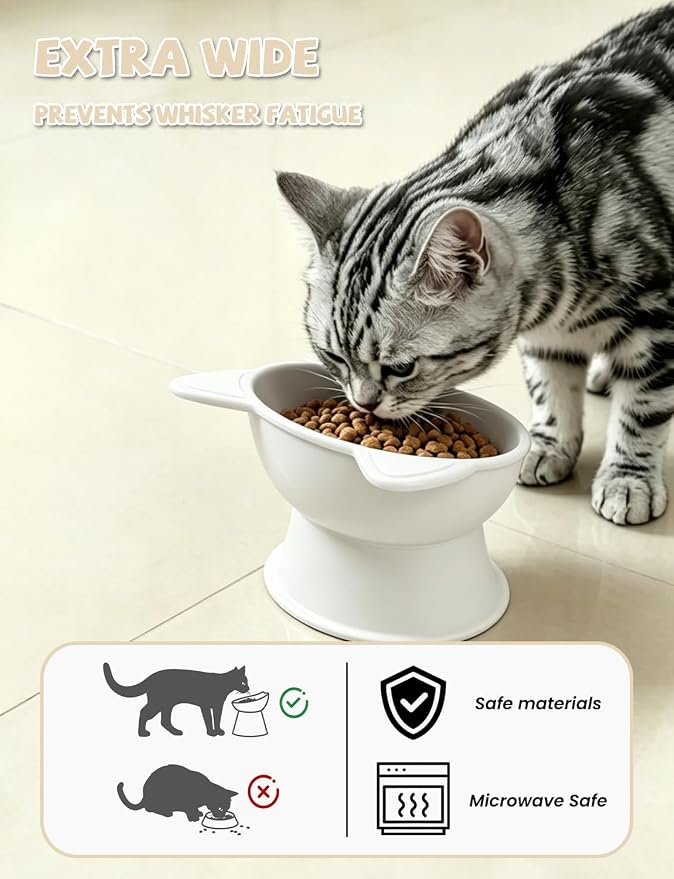 YINEYA Cat Bowls, Cat Food Bowl Elevated to Protect Neck & Anti-Vomit, Whisker-Friendly Raised Food & Water Bowls for Indoor Cats/Small Dogs, Cute Pet Feeding Bowl 6 OZ Each, Dishwasher Safe, White - Image 3