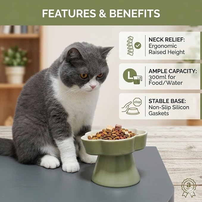 Ceramic Elevated Slow Feeder Cat Bowl, Raised and Gently Tilted Feeding Dish with Maze Design, Whisker-Friendly, Easy to Clean, for Indoor Cats and Small Dogs (Green/Ivory) - Image 7