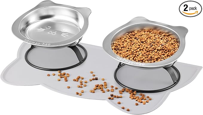 Elevated Cat Bowls with Non-Slip Mat - 7.1" Wide Whisker Friendly Dishes, Neck Stress-Free, Raised Stainless Steel Bowls for Flat-Faced/Senior Cats & Small Dogs, Indoor/Travel Use, 2-Pack by MorePetsCare