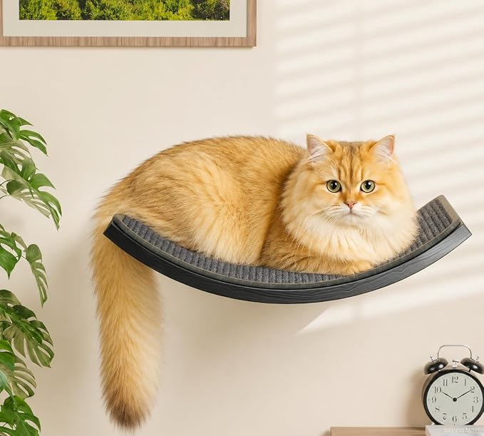 Wall Mounted Curved Cat Hammock with Grey Sisal Pad – Scratch-Friendly Cat Nest Perch for Wall – Large Floating Bed for Indoor Cats by PELUOMOZ