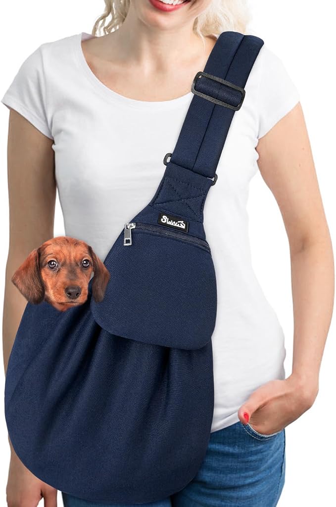 SlowTon Dog Carrier Sling - Thick Padded Shoulder Strap Adjustable, DBL, L | Dog Carriers for Small Dogs, Puppy Carrier Purse for Pet Cat with Front Zipper Pocket Safety Belt Machine Washable by SlowTon