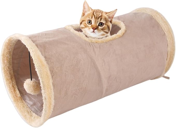 Cat Tunnel,Indoor Cat Play Tube Toys with Play Ball,Durable Collapsible Rabbit Hideaway Tunnel for Kitten,Bunny, Guinea Pig, Rat, Hamster, Ferret, Chinchilla (Khaki) by Symphonyw