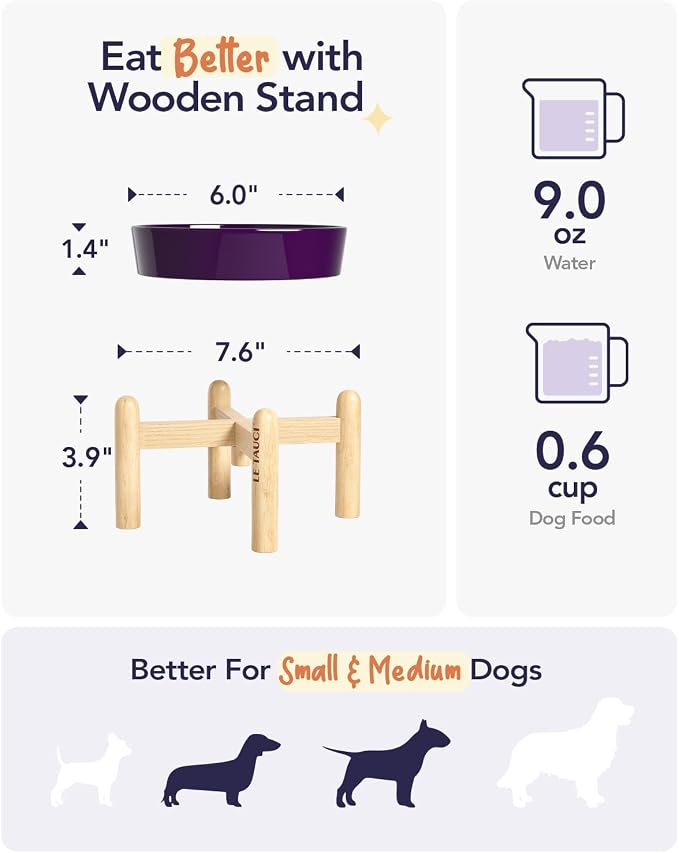 LE TAUCI Ceramic Slow Feed Dog Bowls, Elevated for Small Breeds, Anti-Gulping, Non-Slip, 6 inch, Purple - Image 4