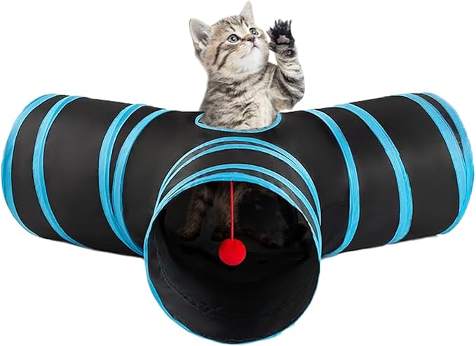 3 Way Cat Tunnel Collapsible Fun Pet Play Tube Toys for Cats, Kittens, Puppies & Rabbits - Portable Tunnel with Hanging Ball for Indoor Play, Hideout & Exercise by Bigladious
