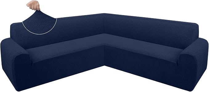 ALIECOM Corner Sectional Couch Covers Washable Sofa Cover L Shaped Couch Cover for Dogs Pets Stretch Soft Sectional Slipcovers with Non Slip Strips U Shape Furniture Protector (Navy, Large) by ALIECOM