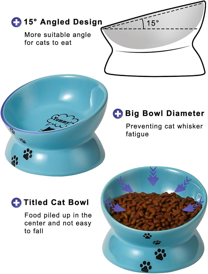Y YHY Elevated Cat Food Bowl, Ceramic Raised Bowl, Tilt Angle Protects Cat's Spine, Anti Vomiting Dish, Backflow Prevention, Lake Blue - Image 2
