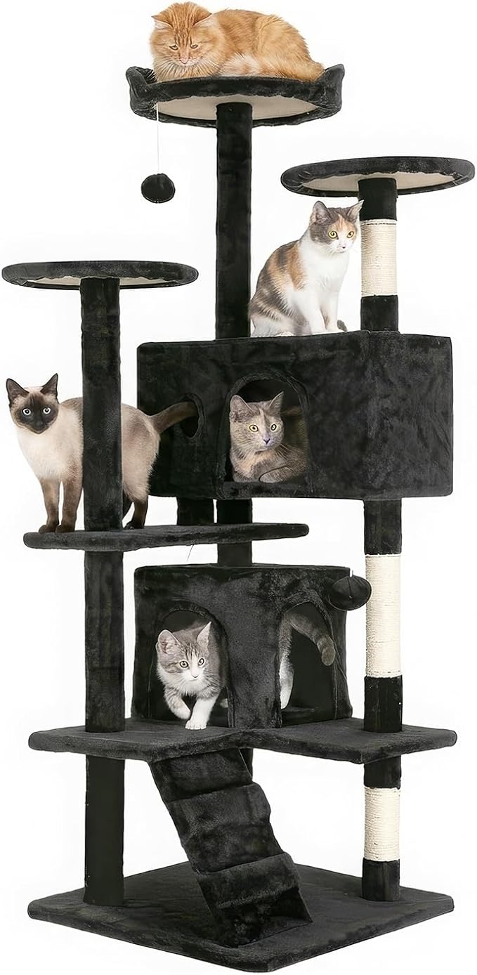 FDW | 54" Cat Tree Tower | Dark Gray | Multi-Level Indoor Activity Center | with Sisal Scratching Posts, Condos, Plush Perches, Hanging Cat Toys | Sturdy, Easy to Assemble | for Kittens & Adult Cats by FDW