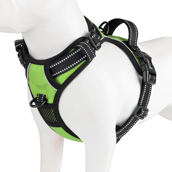 Reflective Dog Harness No Pull Large Breed Vest | with 2 Metal Leash Attachment Hooks(L, Green) by PHOEPET