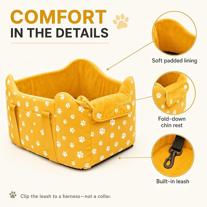 Small Dog Car Seat for Center Console, Yellow | Portable Puppy Armrest Booster for Dogs 5-15 lbs, Anti-Collapse Support with Washable Fluffy Cushion - Image 6