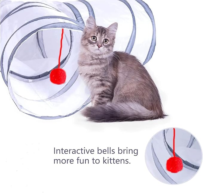 Cat Tunnel, Collapsible Tube with 1 Play Ball Toys, 3 Ways Tunnels for Indoor Cats, Puppy, Kitty, Kitten, Rabbit (White and Gray) - Image 5