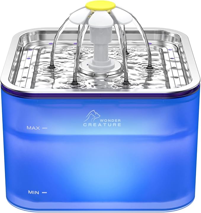 Wonder Creature Crystal Cat Water Fountain Stainless Steel Lid, 101oz/3L | Pet Fountain with Transparent Base, Quiet Pump, LED Indicator Light, Triple Filtration, 3 Flow Modes for Cats and Dogs by WonderCreature